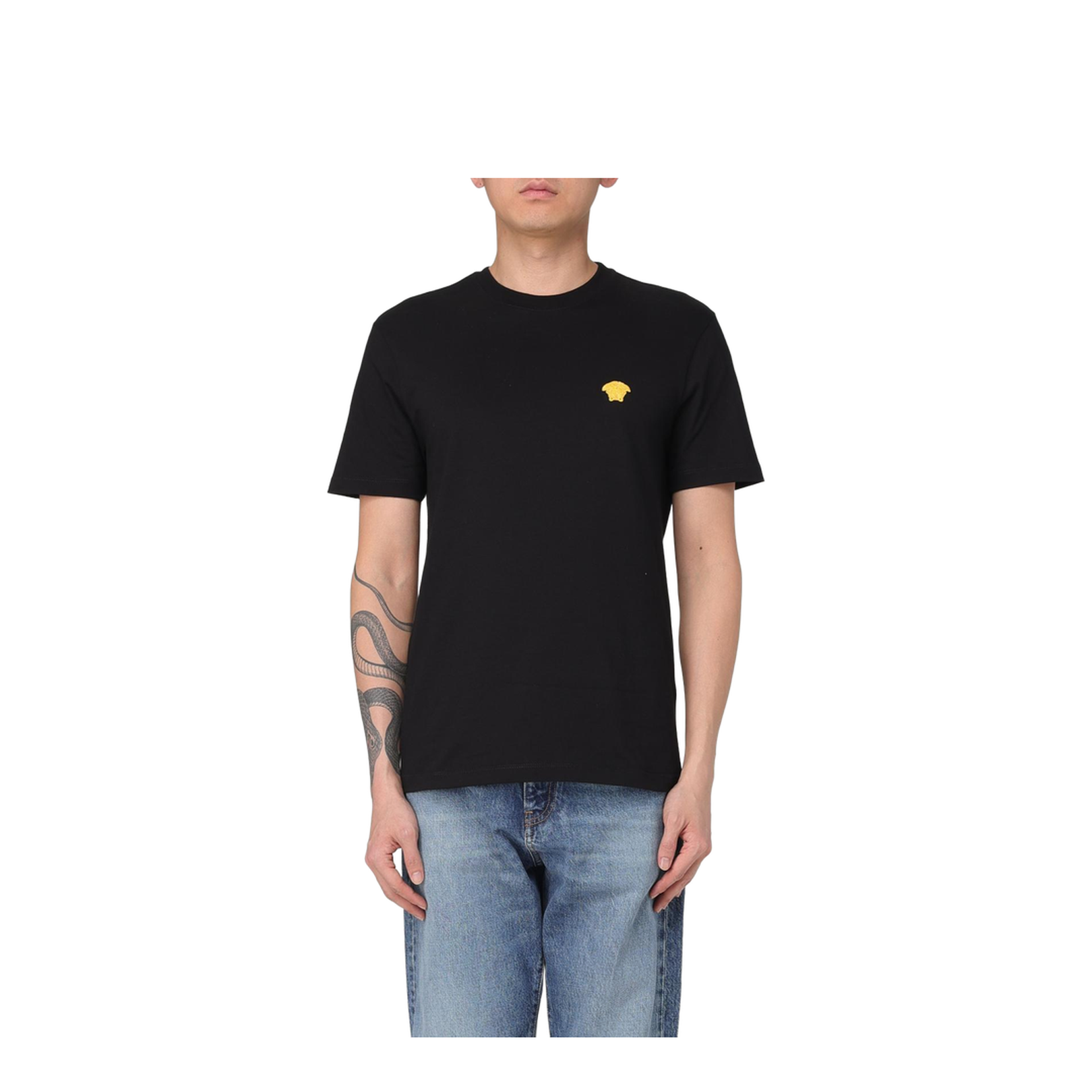 Black Crewneck T-Shirt with Medusa Embroidery