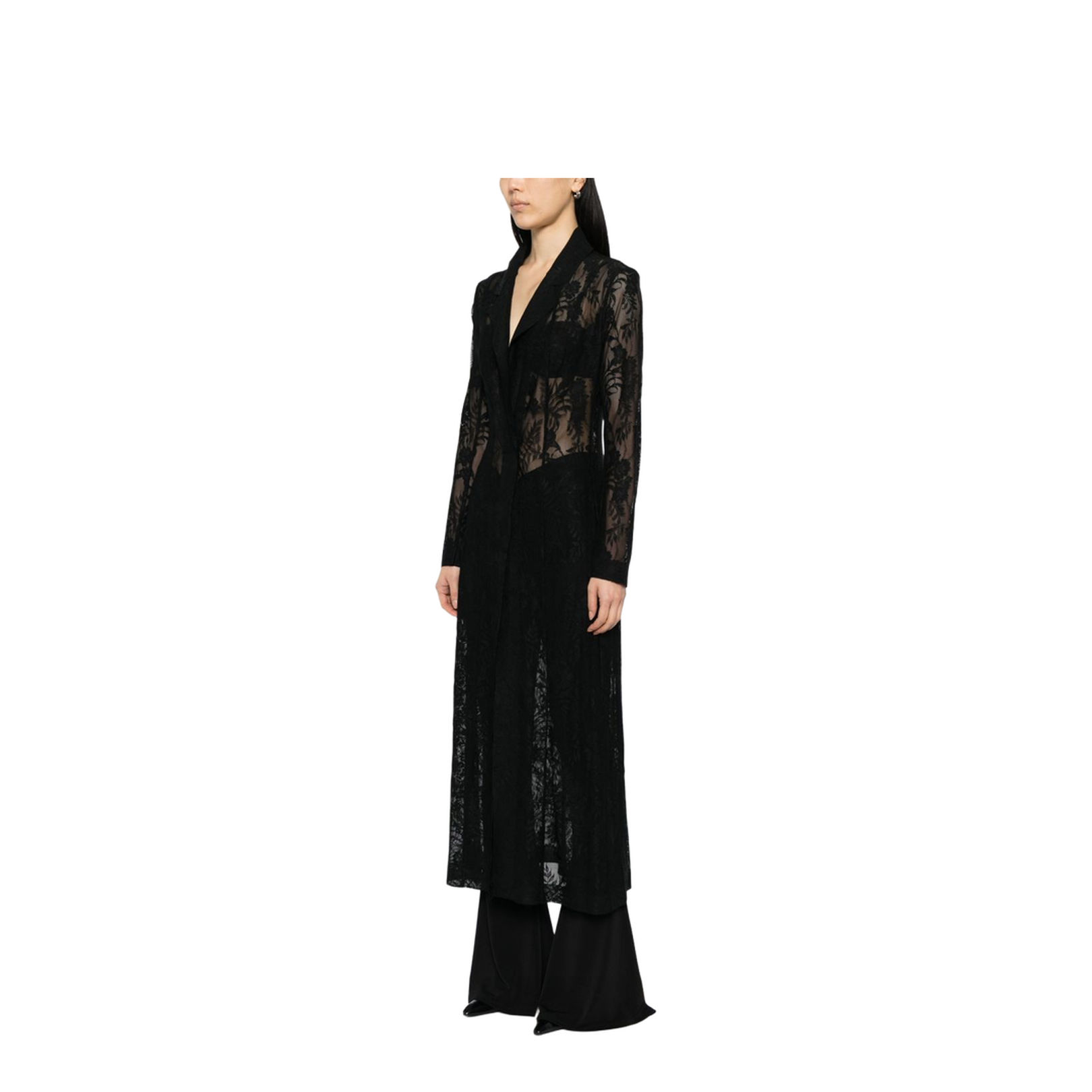 Black Open Front Floral-Lace Detailing Long Coat