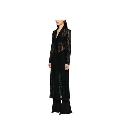 Black Open Front Floral-Lace Detailing Long Coat