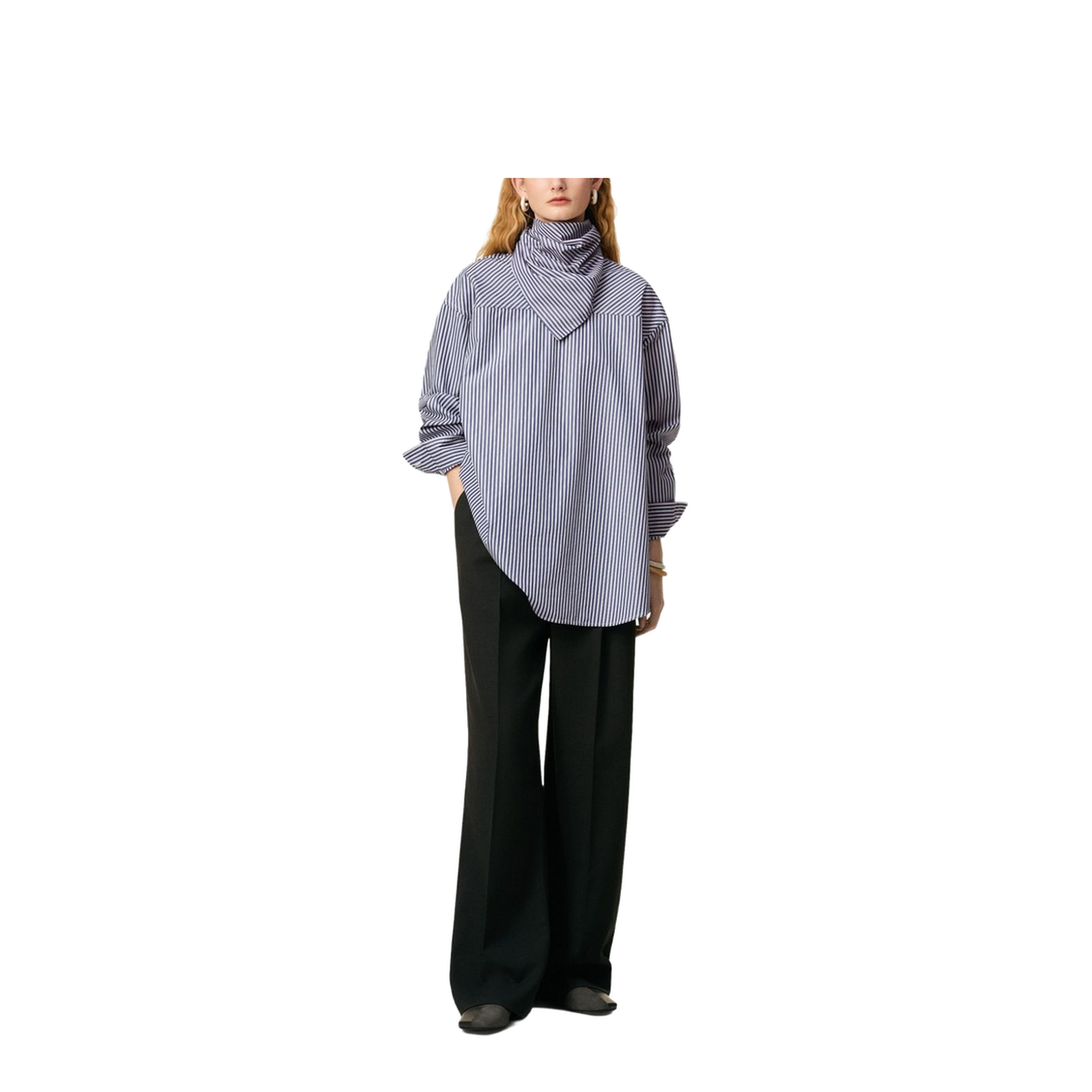 Blue Cotton Long Sleeves Striped Bandana Blouse