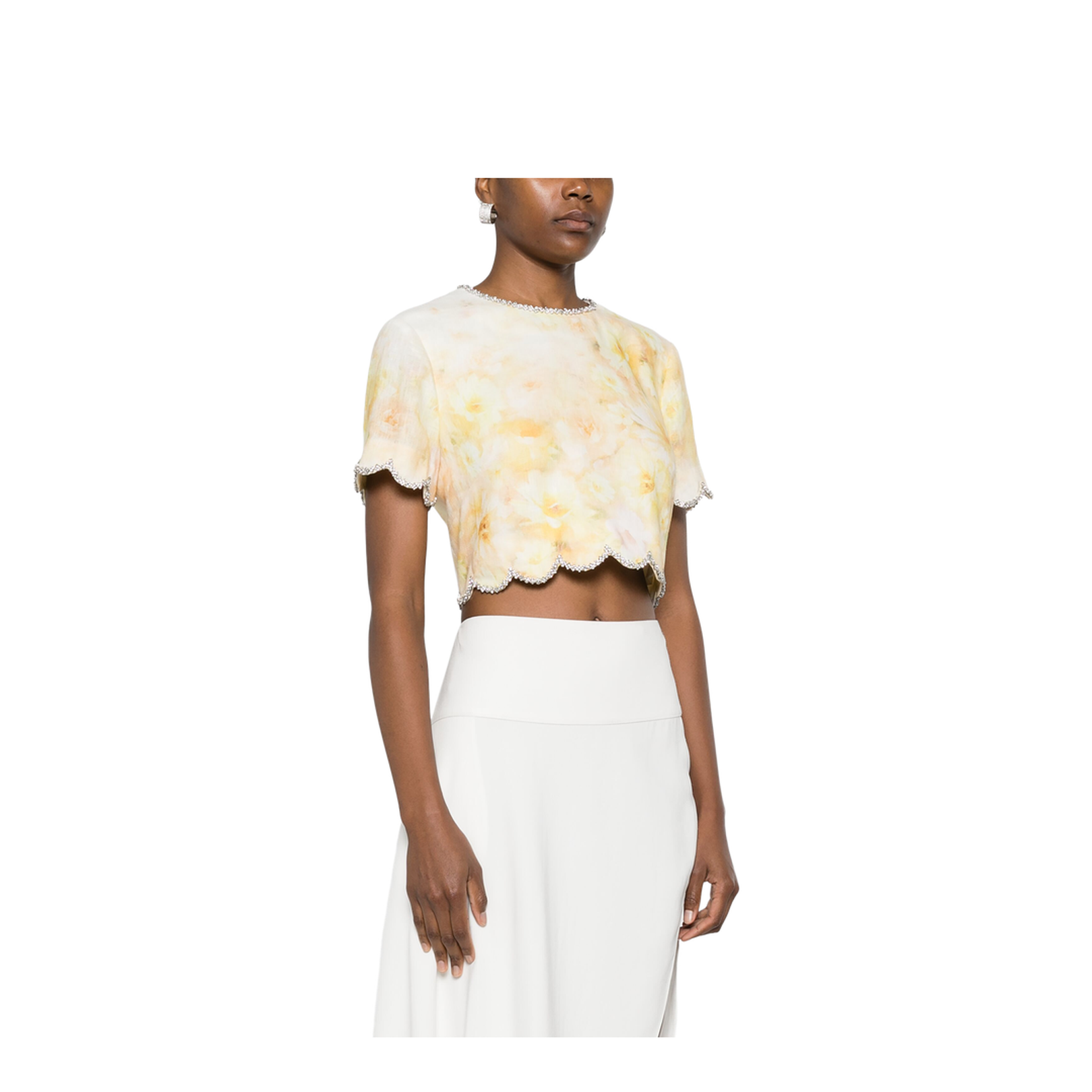 Short Top In Yellow Linen With Floral Print