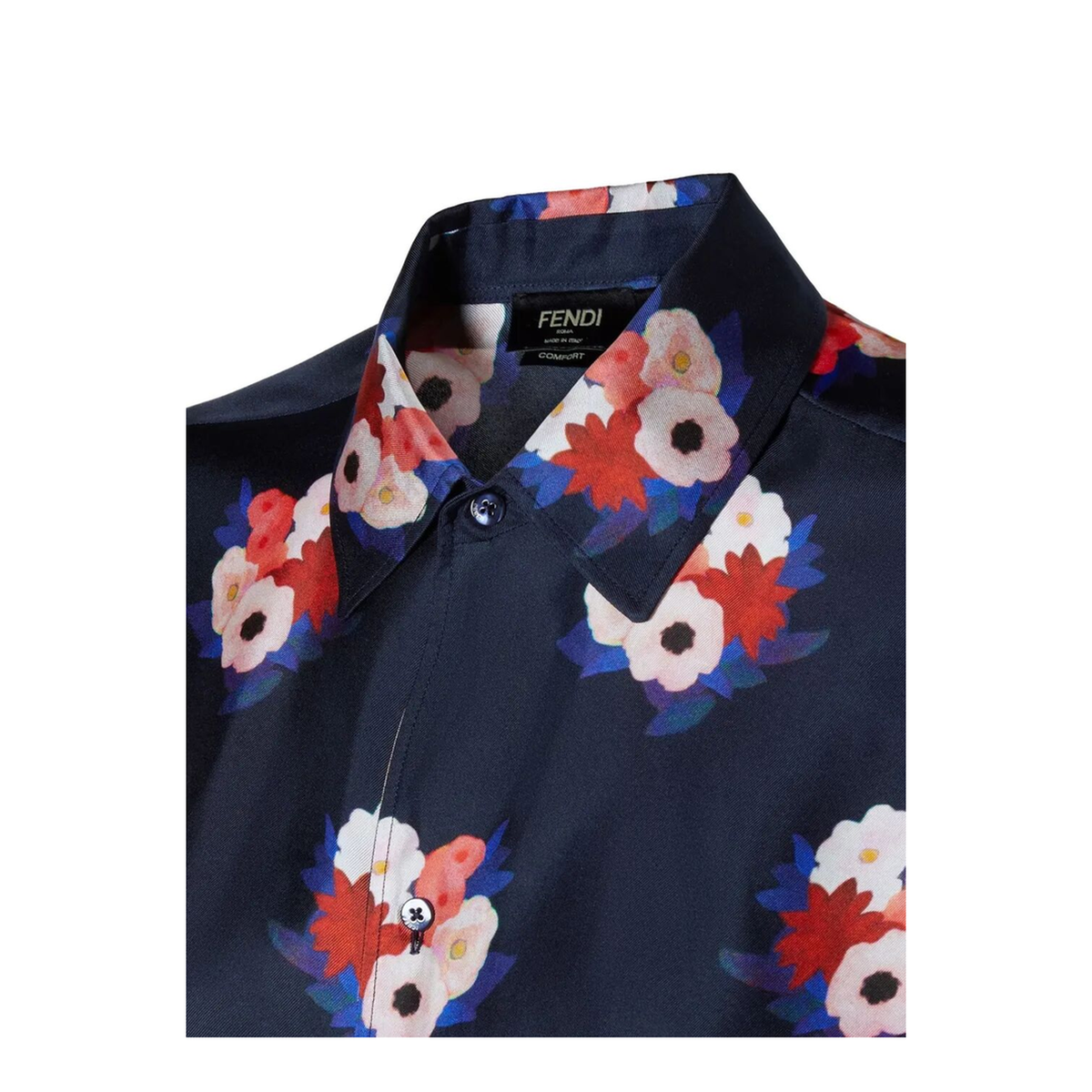 Dark Blue Satin Shirt with Floral Print