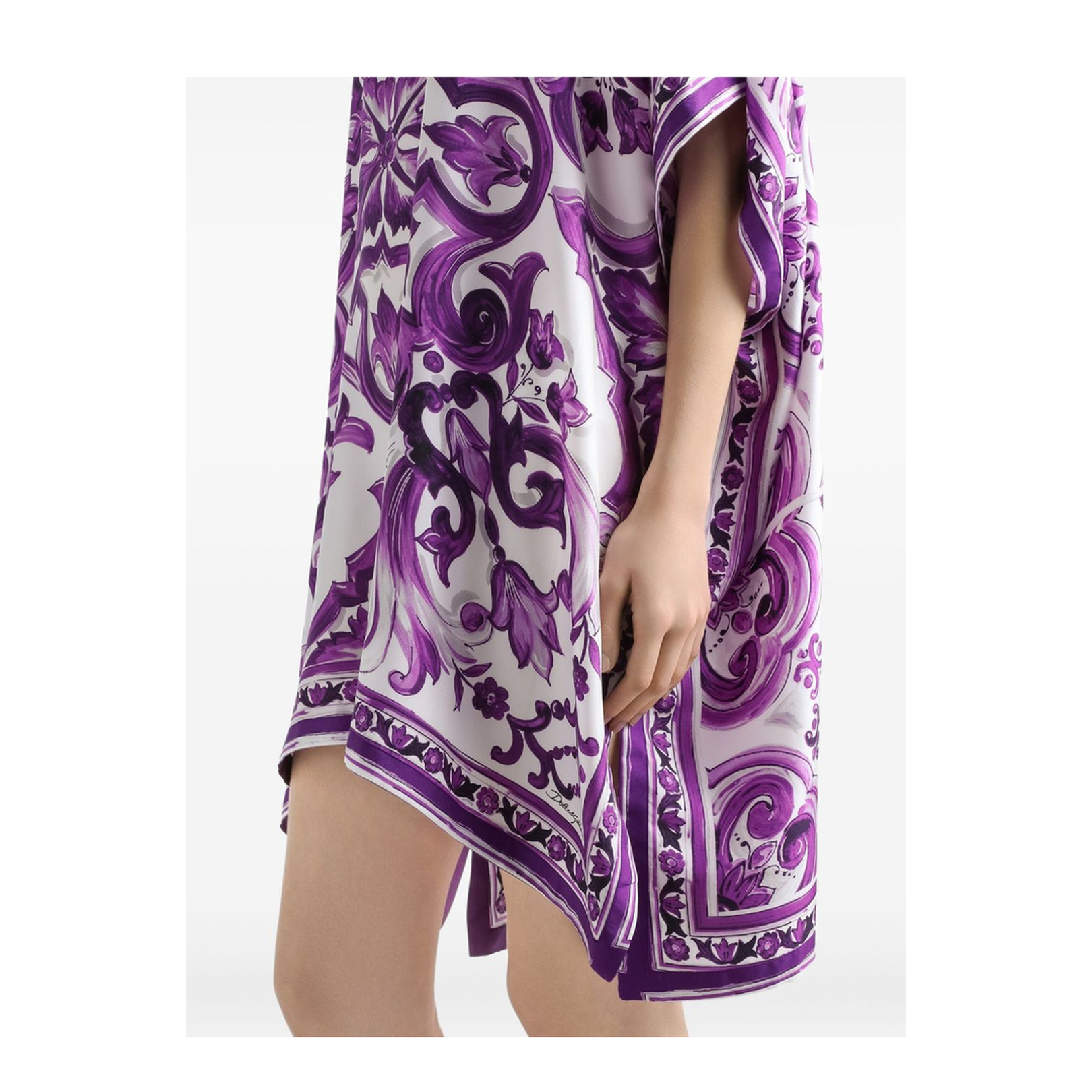 Lavender Purple Round Neck Short Sleeves Flared Hem Thigh-Length Dress