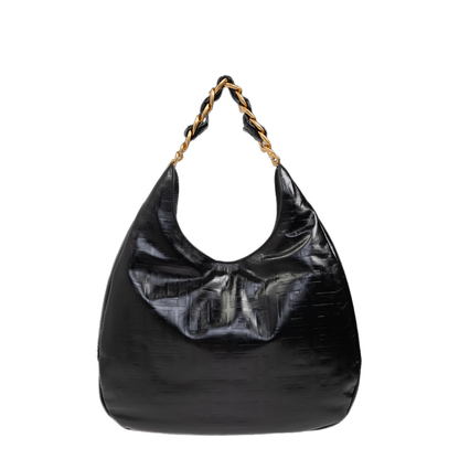 Large Black Calf Leather Bag with Gold Logo