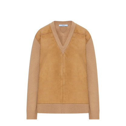Suede-Panel V-Neck Wool Sweater