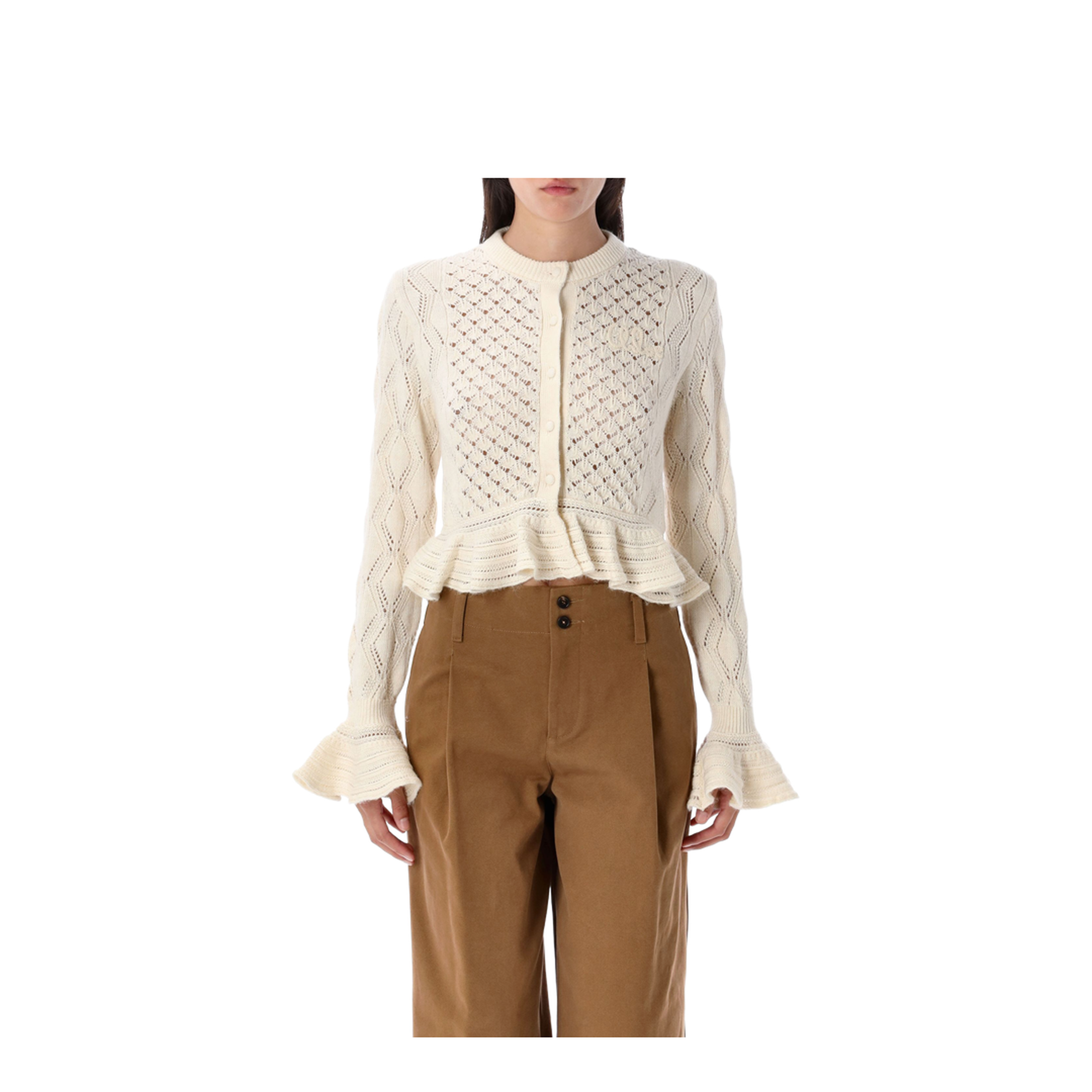 Ruffled Logo Cardigan in Silk, Alpaca & Cotton Knit