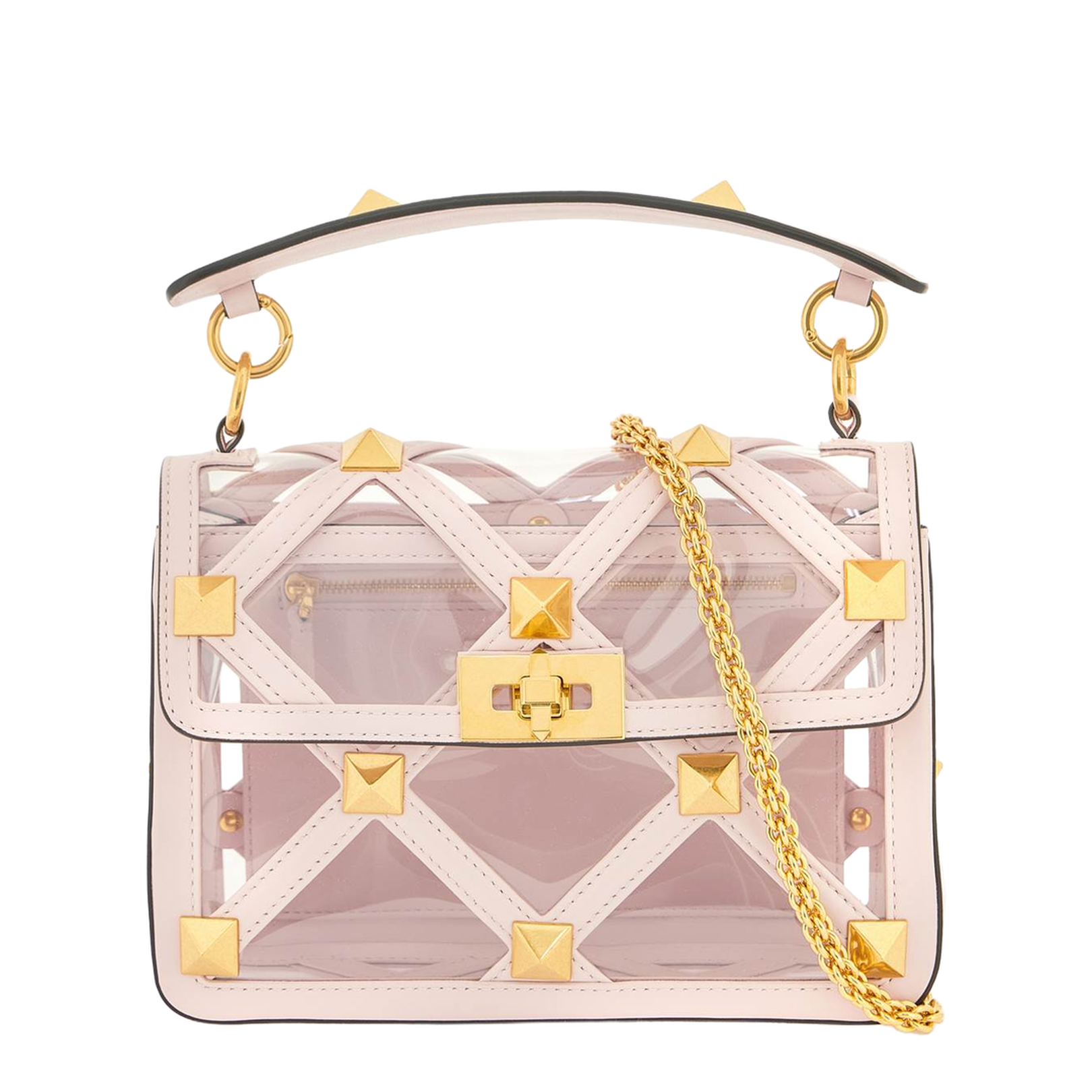 Pastel pink polymeric material and leather medium Roman Stud handbag
