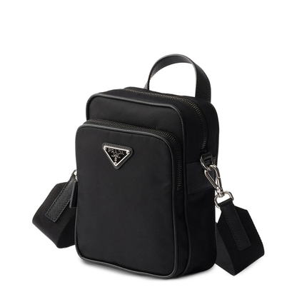 Bandoliera Re-Nylon Saffiano Leather Shoulder Bag - Black