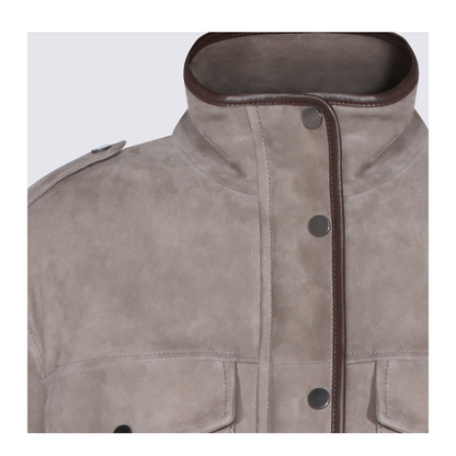 Faded Green Jacket With High Neck And Front Patch Pockets In Suede