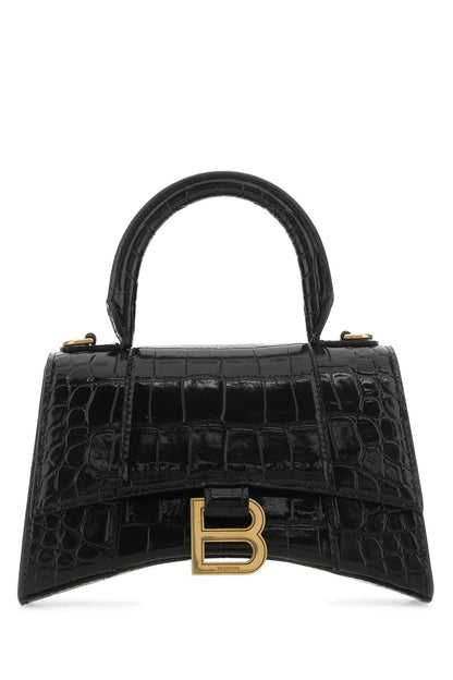 Hourglass Handbag XS in Black Crocodile Embossed Calfskin