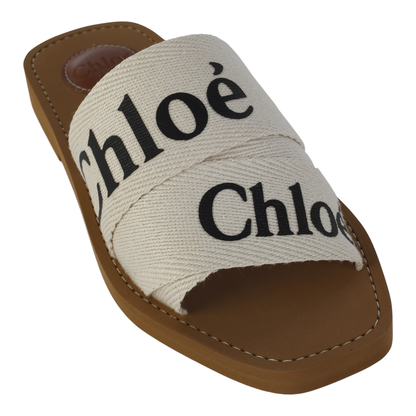 White Linen All-Over Logo Print Low Stacked Heel