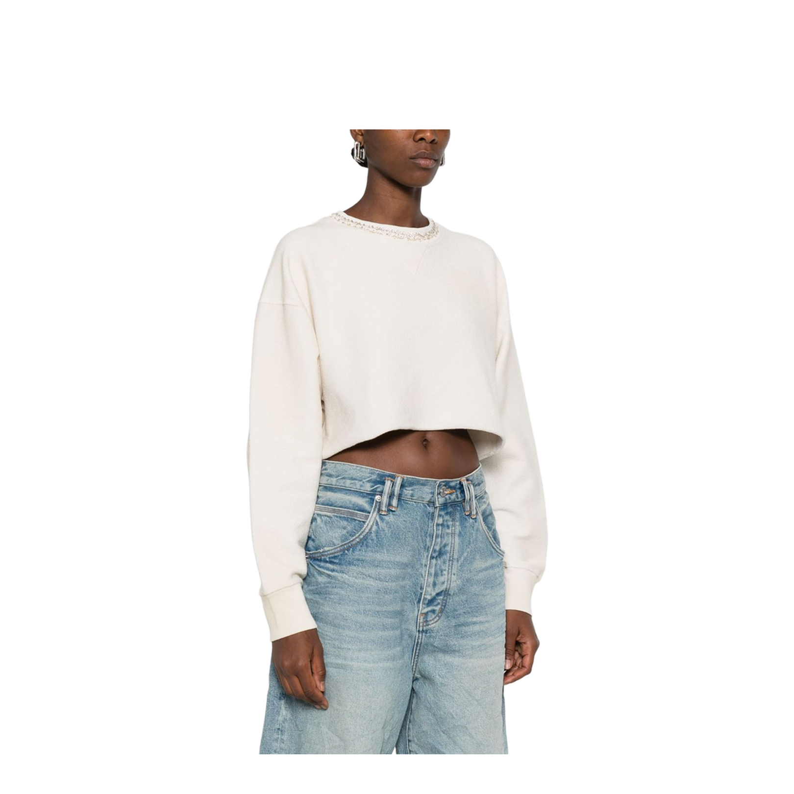 Cream Cotton Cropped Sweatshirt with Crystals
