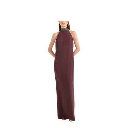 Burgundy Halter Neck Embellished Neckline Sleeveless Maxi Dress