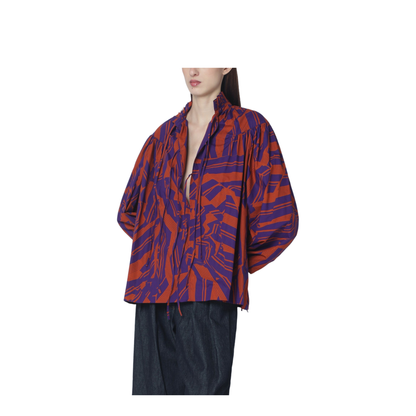 Loose Shirt with Ruffle Details and Crushed Stripe Print