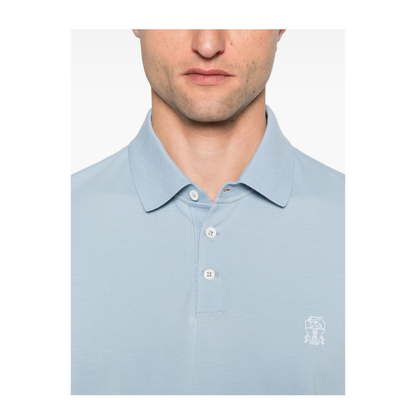 Light Blue Cotton Short Sleeve Polo Shirt with Embroidered Detail