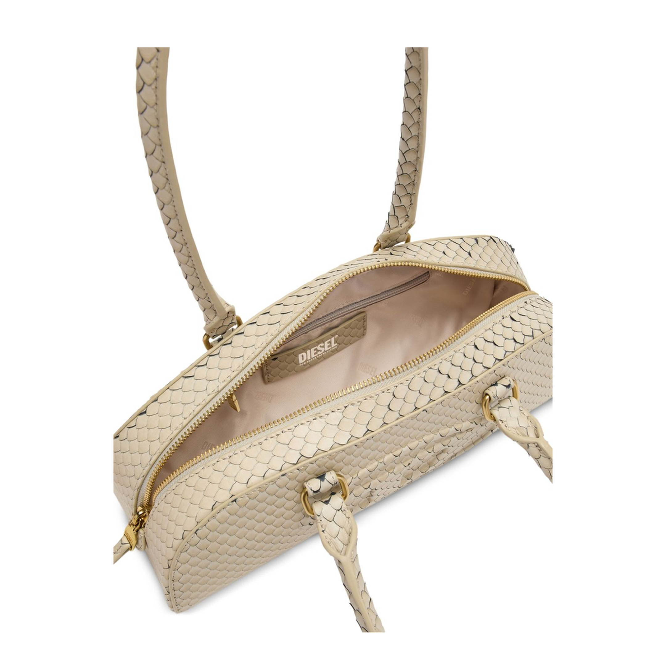 1DR Dome Elongated Snake-Effect Leather Shoulder Bag - Beige