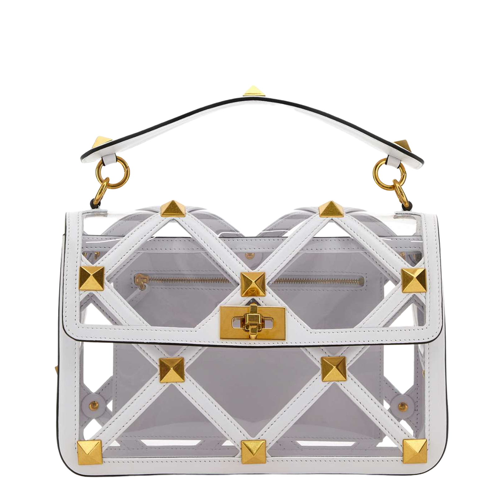 White polymeric material and leather large Roman Stud handbag