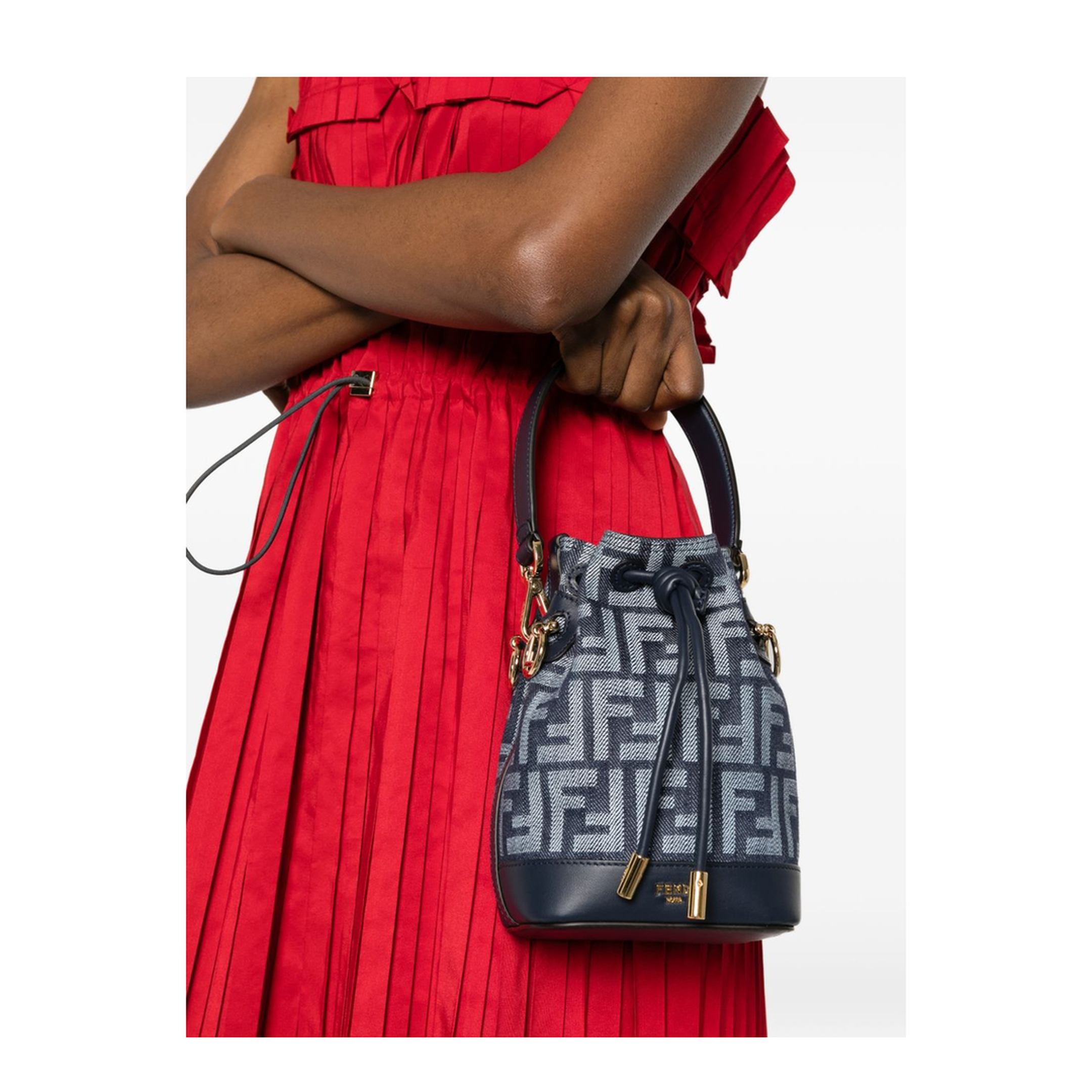 Mon Tresor Mini FF Jacquard Denim-Effect Bucket Bag - Dark Blue