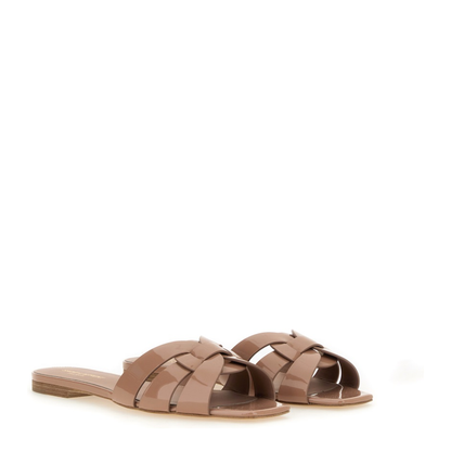 Powder Pink Leather Patent Finish Square Open Toe Multi-Way Strap Design Flat Sole Slip-On Style