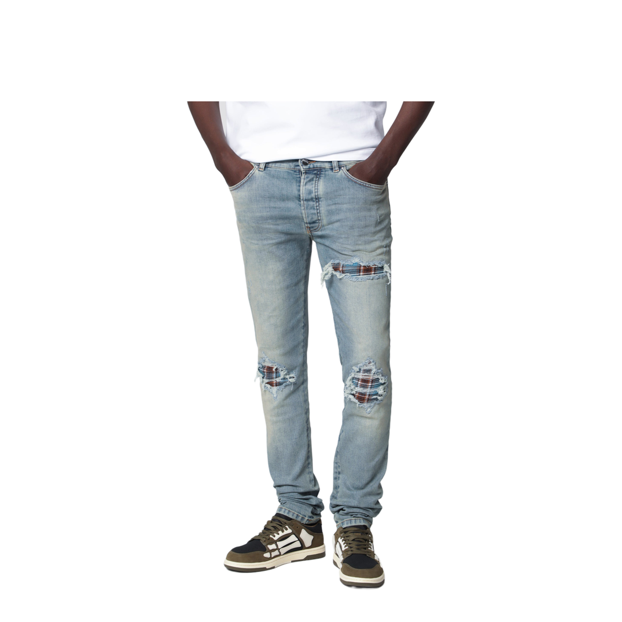 MAYFEYR - Amiri - Mx1 Distressed Flannel-Patched Jeans In Medium Indigo - AMBMJE1152DE497