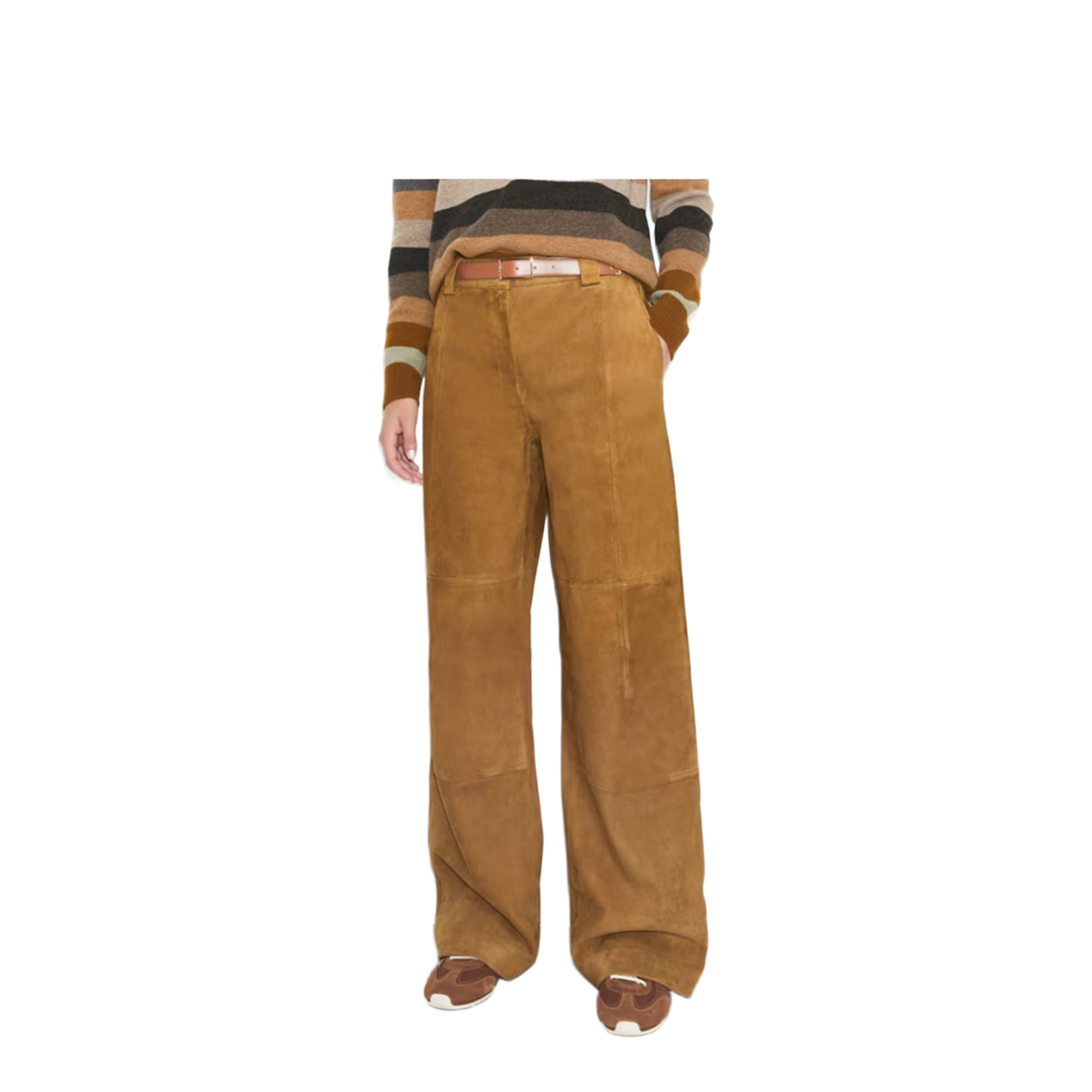 Beige Pants With Belt Loops And Insert Design In Suede
