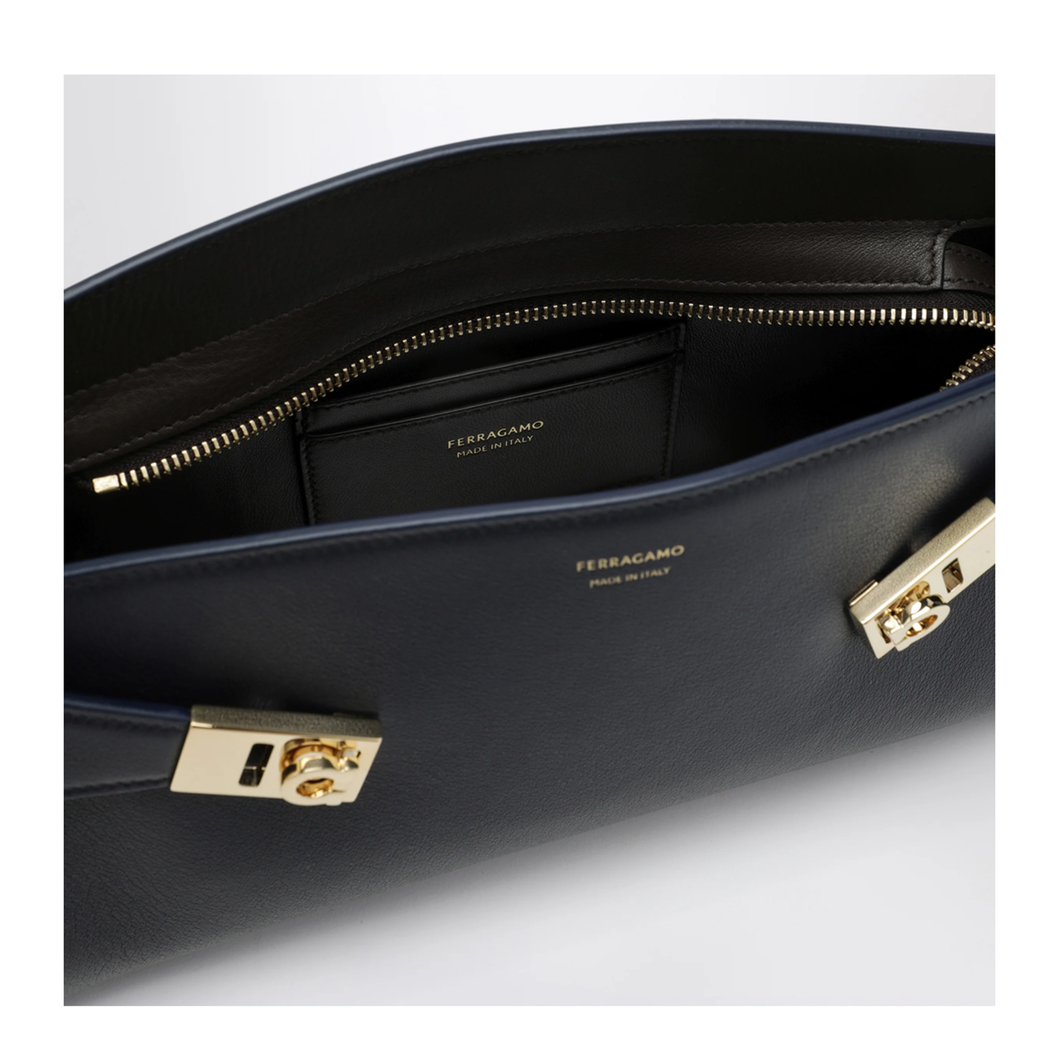 MAYFEYR - Ferragamo - Hug East West Navy Dark Brown Calfskin Shoulder Bag - 0798503LENN