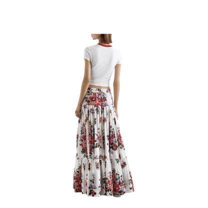 Flower Bouquet-Print Poplin Long Skirt