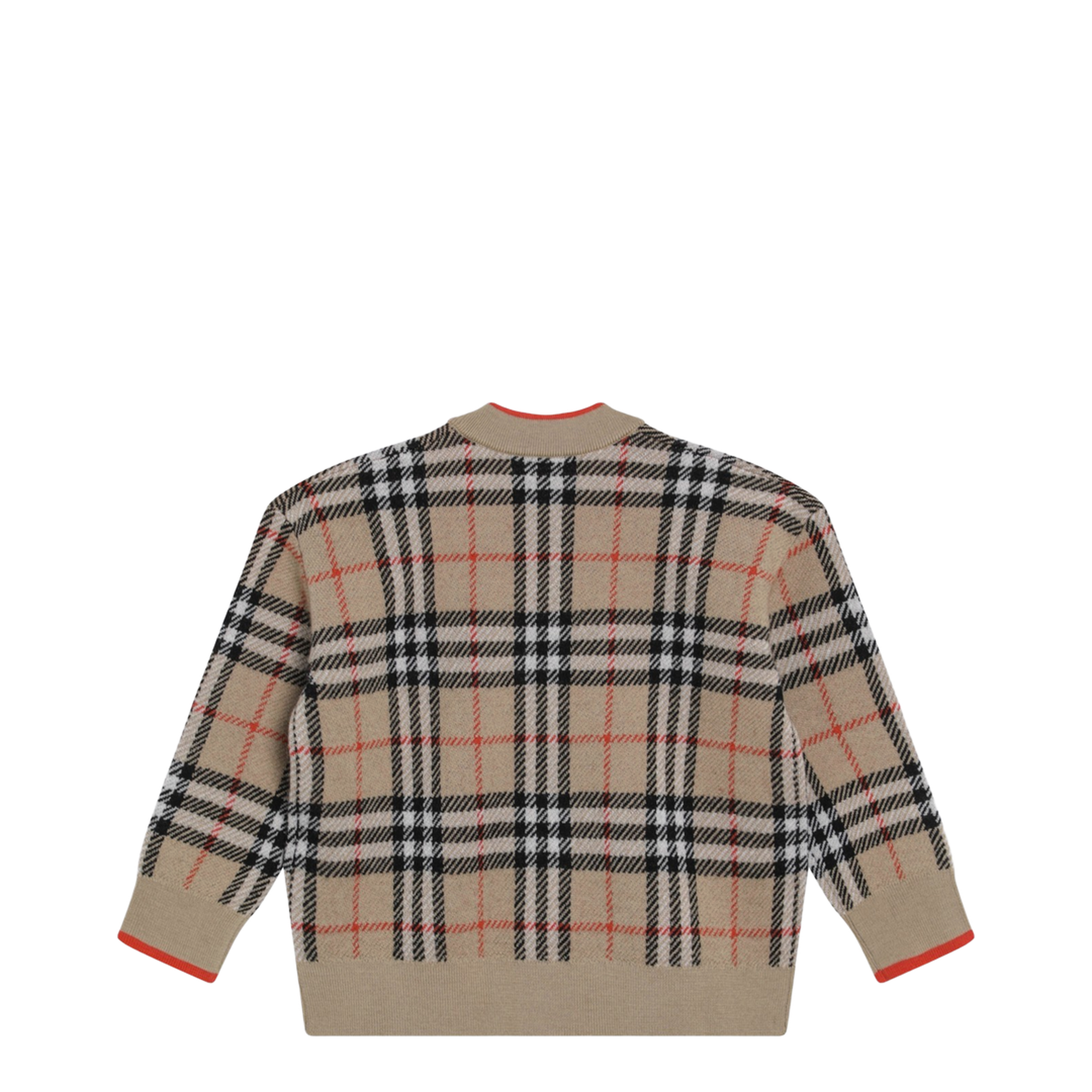 Beige Wool Cardigan with Check Motif