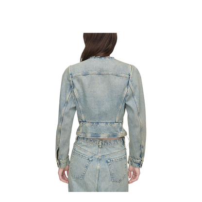 Light Blue Cotton Denim Jacket With V-Neck