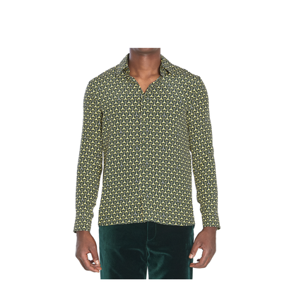 Crêpe de Chine Silk Shirt in Dark Green and Gold