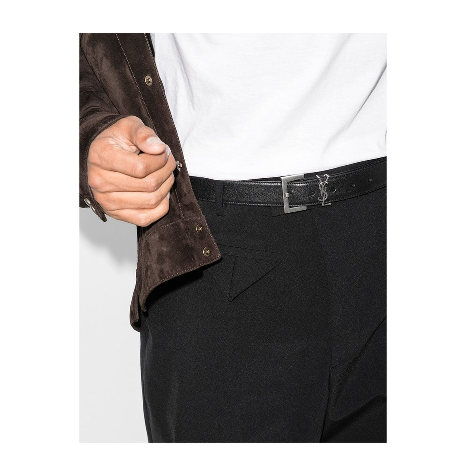 Black Leather Belt with Silver-Colored Monogram