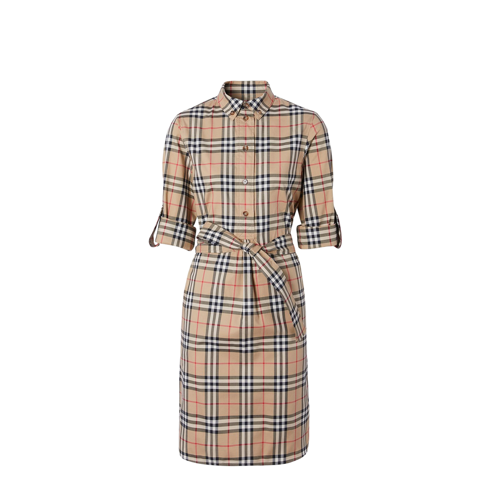Beige Check Motif Cotton Shirt Dress