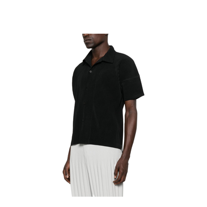Black Pleated Texture Short Sleeves Button Fastening Straight Hemline
