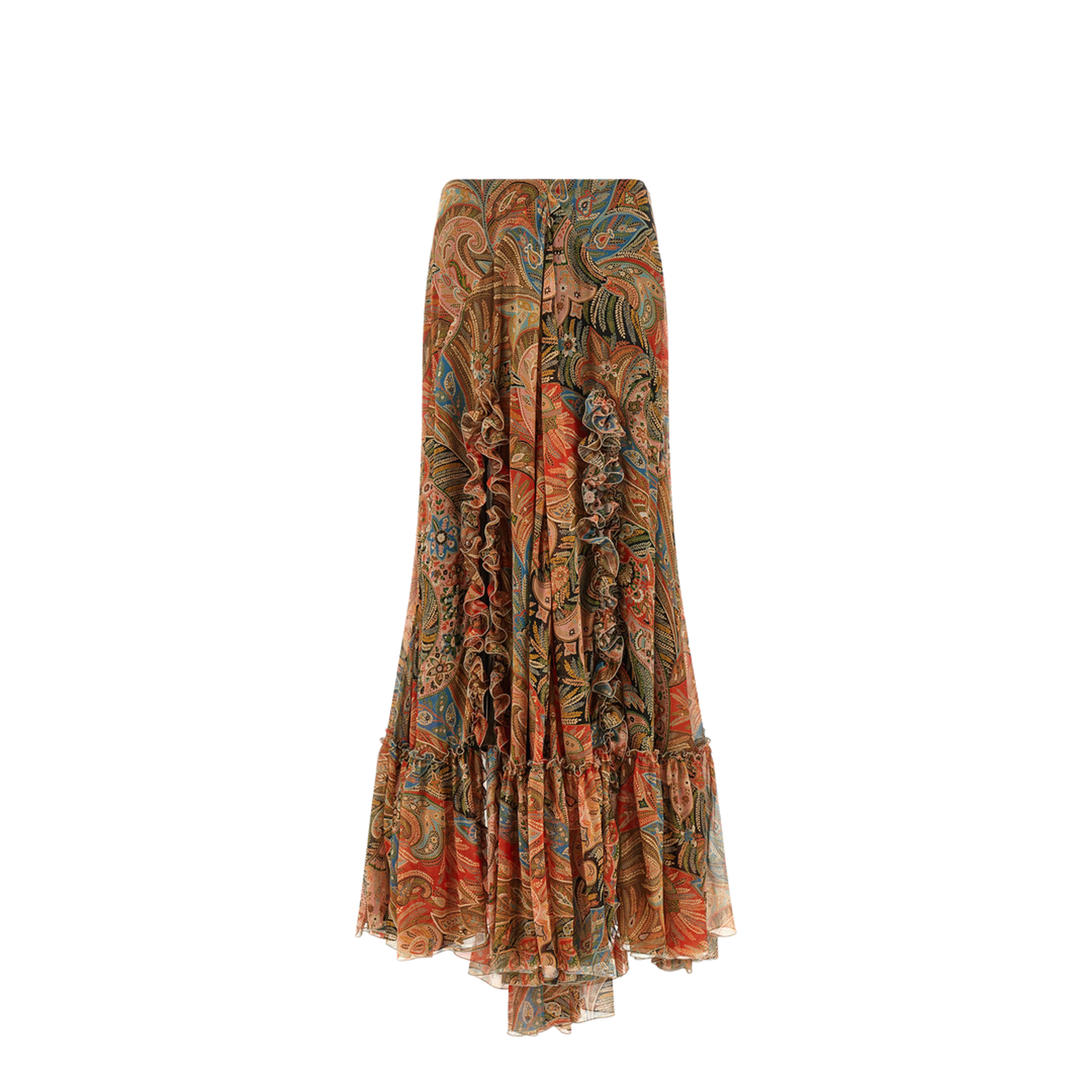 Silk Maxi Skirt with Flounce and Paisley Motif