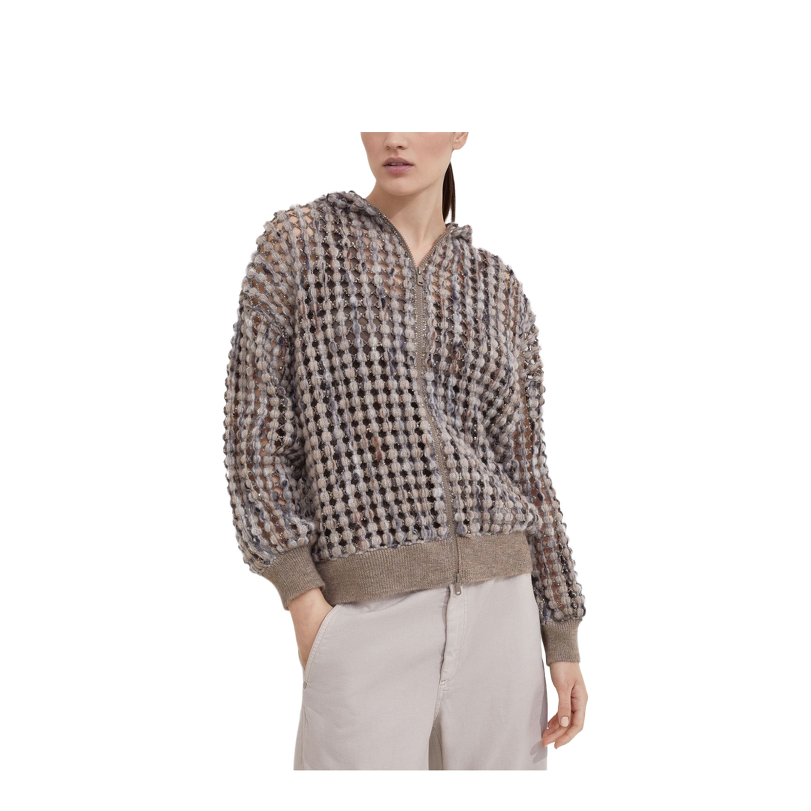Open Knit Hooded Wool Sweater Beige