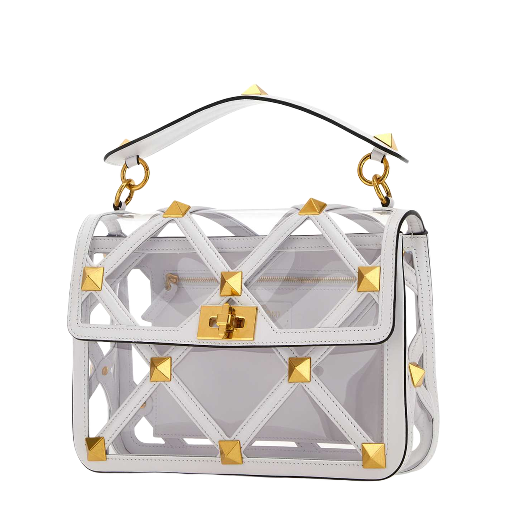 White polymeric material and leather large Roman Stud handbag