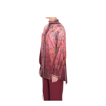 Printed Silk Shirt with Neck Bow in Pink and Rosso Ancora Red