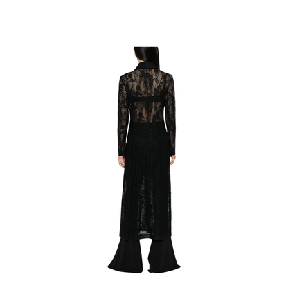 Black Open Front Floral-Lace Detailing Long Coat