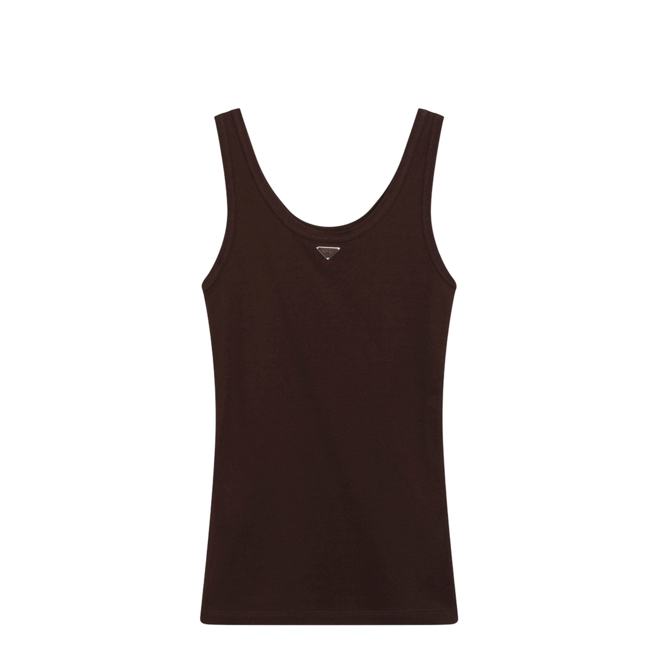 MAYFEYR - Prada - Ribbed Cotton Top With Triangle Logo In Cocoa - 39576LWMO14L0F0324