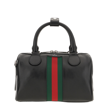 Web Trademark Small Leather Duffle Bag - Black