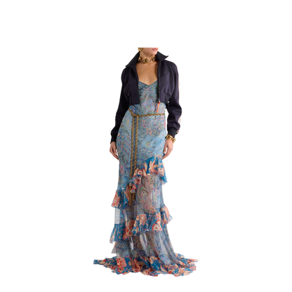 Long Dress in Silk with Ruffles and Floral Motif