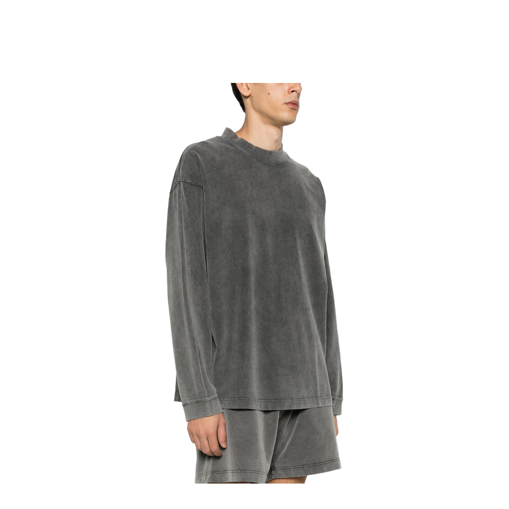 Black Cotton Faded Effect Logo Patch Crew Neck Long Sleeve Top