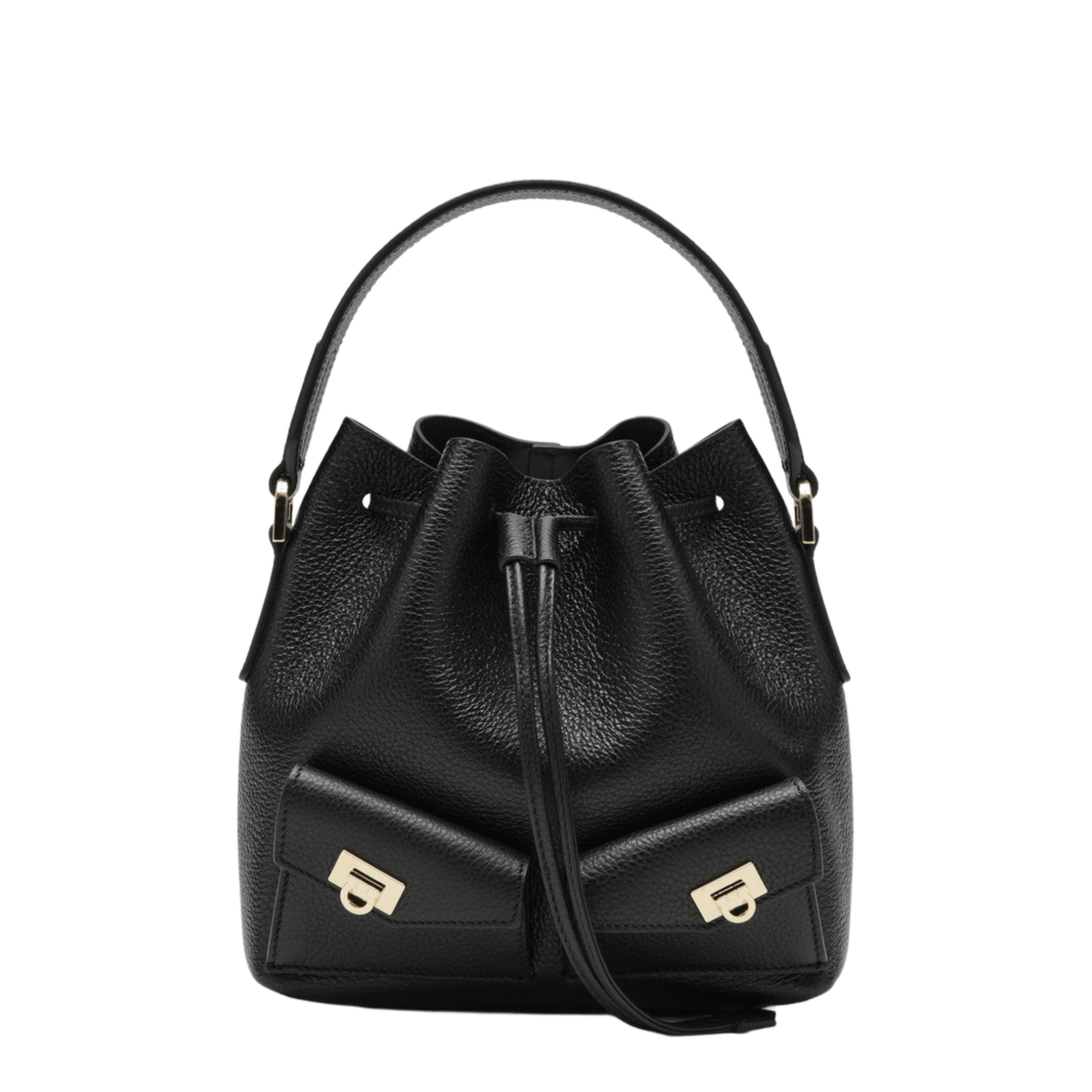 Black Multipocket Bucket Bag in Hammered Leather