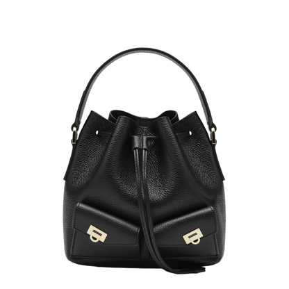 Black Multipocket Bucket Bag in Hammered Leather
