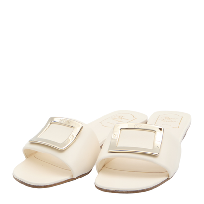 Square Buckle Leather Slides White