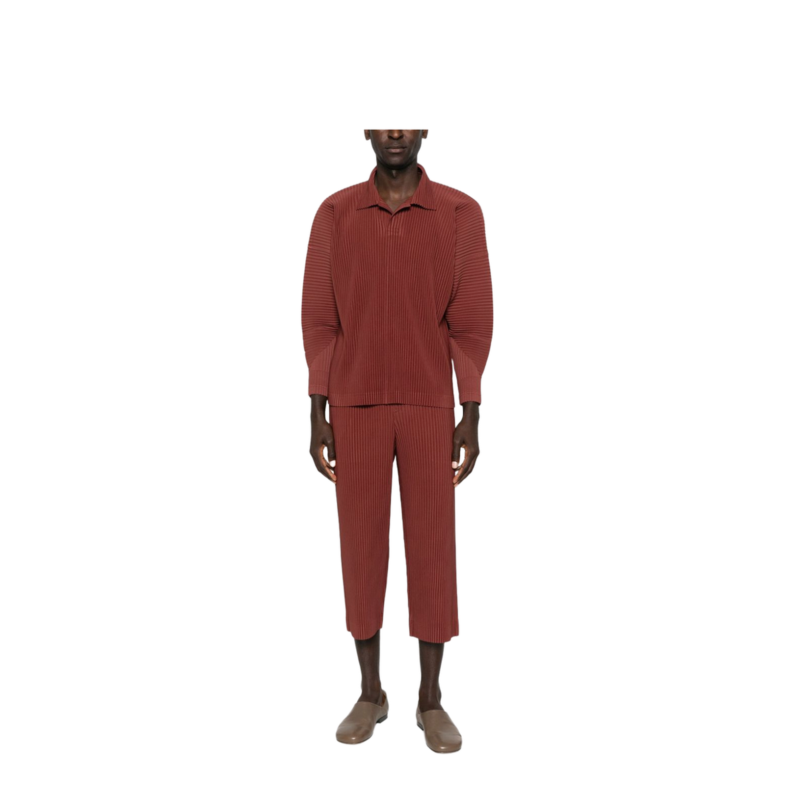 Brown Pleated Design Cropped Pants