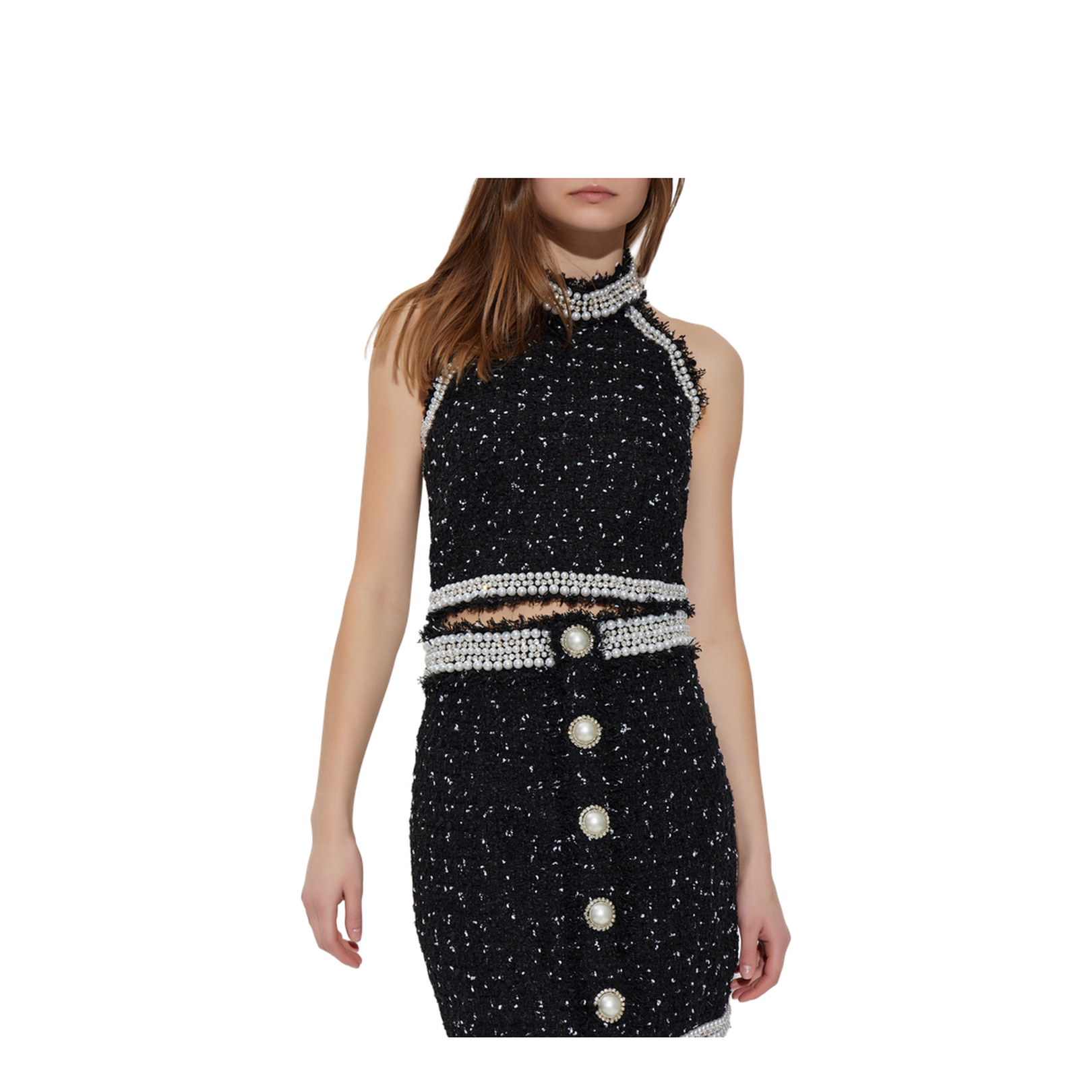 Embroidered Polka-Dot Tweed Halterneck Top