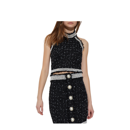 Embroidered Polka-Dot Tweed Halterneck Top