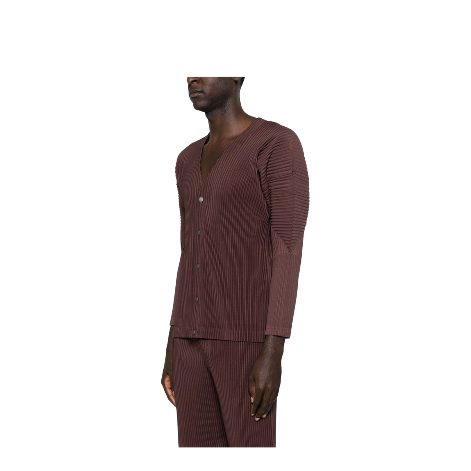 Brown Pleated Texture V-Neck Long Sleeves Button Fastening