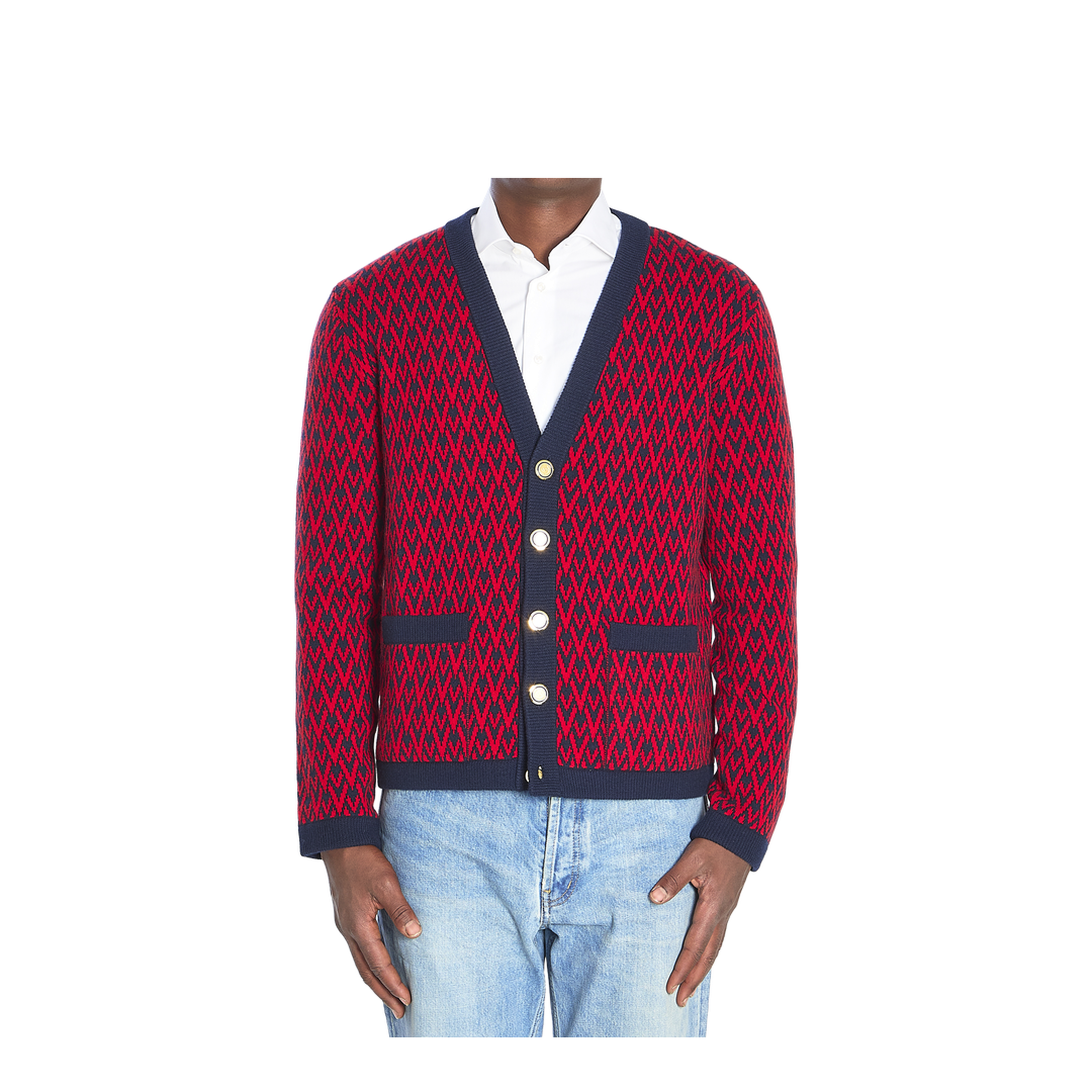 Navy and Red Wool V-Pattern Cardigan